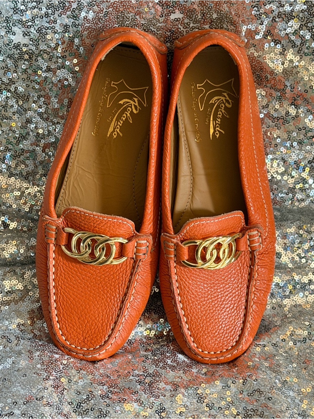 Women’s Orange Leather Driving Loafers with Gold Accent